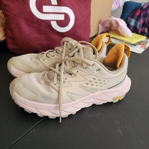 Hoka Beige and Pink Athletic Shoes